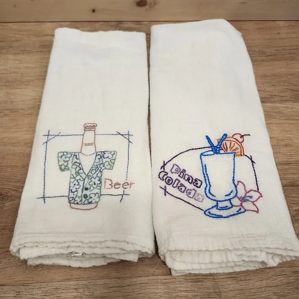 Vtg Hand Embroidered Tea Towels Set Of 2 Pina Colada & Beer 30x30 White Party